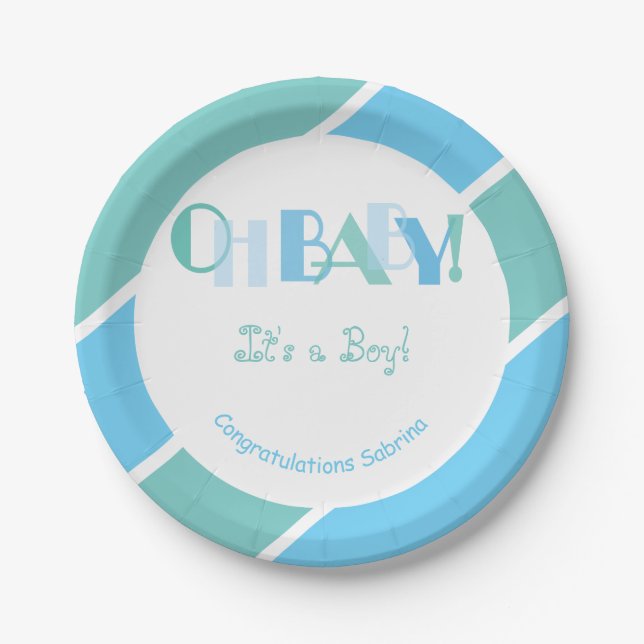 Plato De Papel Oh Baby Boy Blue Modern Baby Shower (Anverso)