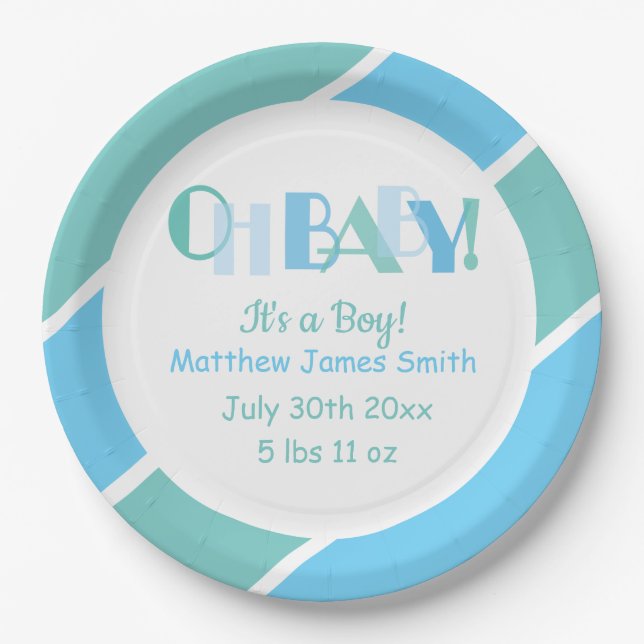 Plato De Papel Oh Baby Boy Blue Typography Baby Shower (Anverso)