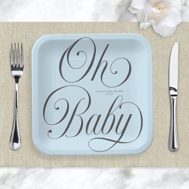 Plato De Papel Oh Baby Elegant Script Lt. Blue Boy Baby Shower (Subido por el creador)