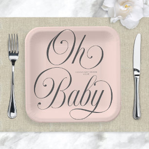 Plato De Papel Oh Baby Elegante Letra Rosa Desvanecido Fiesta de