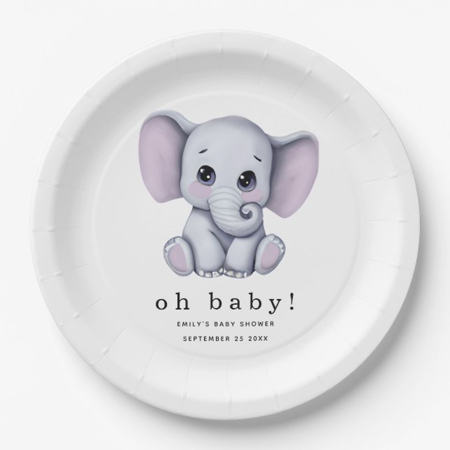 Plato De Papel Oh Baby Elephant Gender Neutral Baby Shower (Anverso)