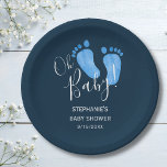 Plato De Papel Oh Baby Feet Navy Blue Baby Shower<br><div class="desc">Estos platos de papel para bebés, sencillos y elegantes, están decorados con los pies de un bebé color de agua pintados a mano en azul pastel sobre un fondo azul marino oscuro. Dicen Oh Baby en una tipografía de escritura elegante. Personalizable fácil. Porque creamos nuestra obra de arte no encontrarás...</div>