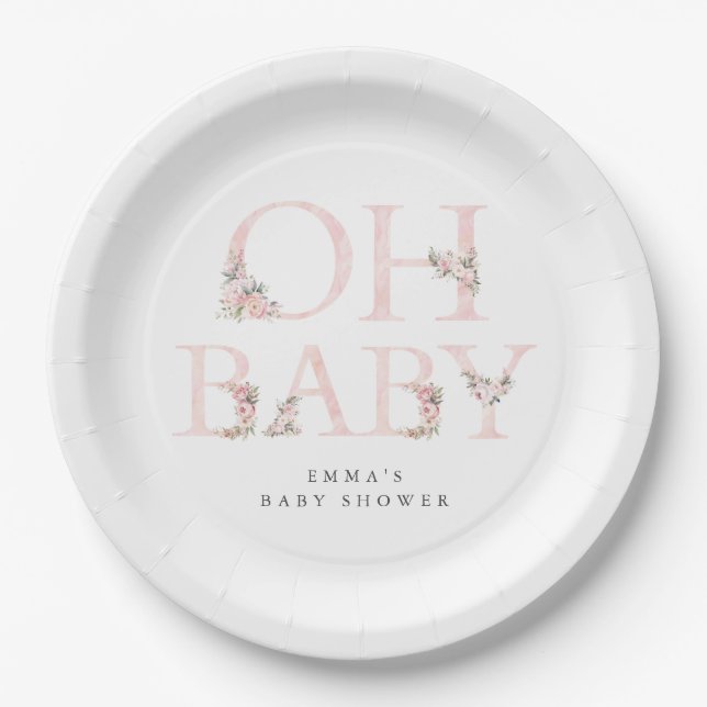 Plato De Papel Oh Baby Floral Typography Pink Baby Shower (Anverso)