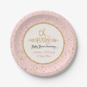 Plato De Papel OH BABY Girl Baby Shower Gold Confetti Typography