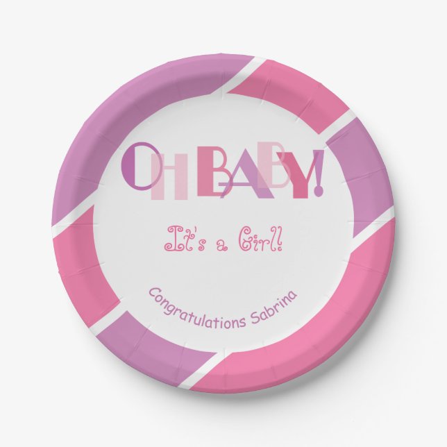 Plato De Papel Oh Baby Girl Pink Modern Baby Shower (Anverso)