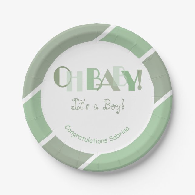 Plato De Papel Oh Baby Girl Sage Green Baby Shower Moderno (Anverso)