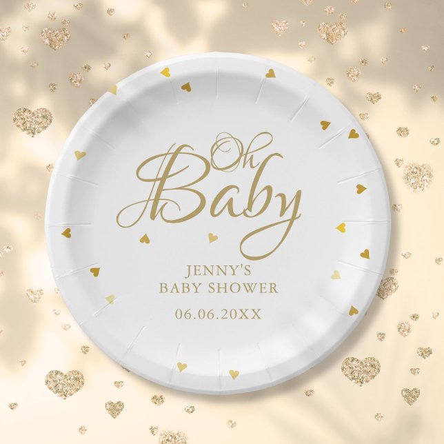 Plato De Papel Oh Baby Gold Hearts Confetti Baby Shower/Sprinkle (Oh Baby Gold Hearts Confetti Baby Shower Sprinkle Paper Plates)