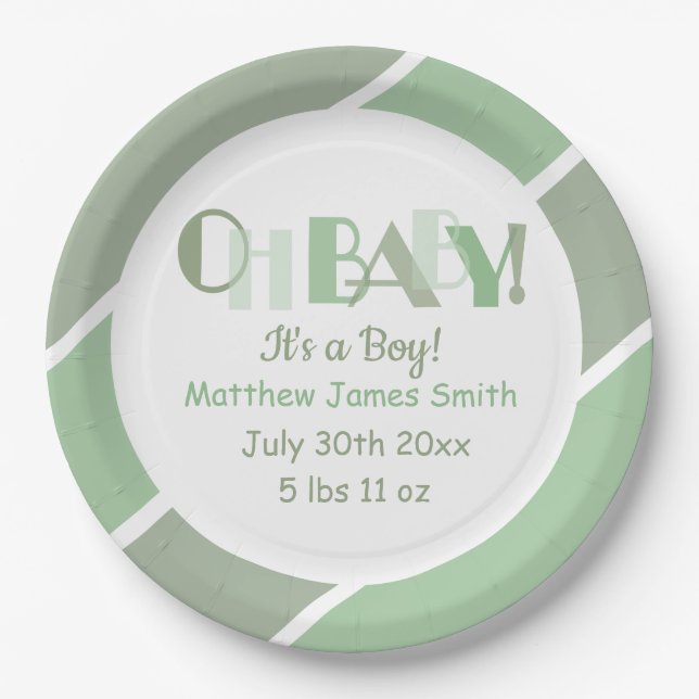 Plato De Papel Oh Baby Green Typography Baby Shower Paper Plate (Anverso)