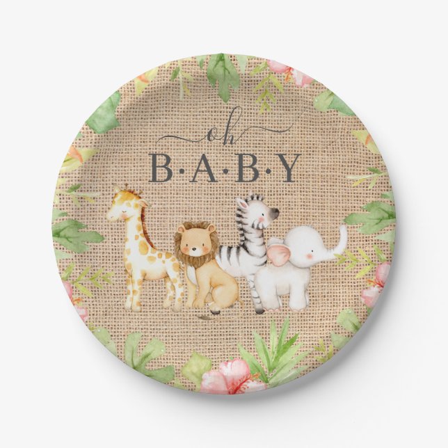 Plato De Papel Oh Baby Jungle Baby Shower 7" Placa (Anverso)