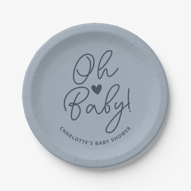 Plato De Papel Oh Baby Modern Dusty Blue Boy Personalizado de Bab (Anverso)