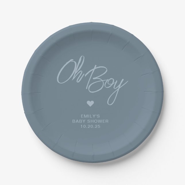 Plato De Papel Oh Baby Modern Minimal Dusty Blue Boy Baby Shower (Anverso)