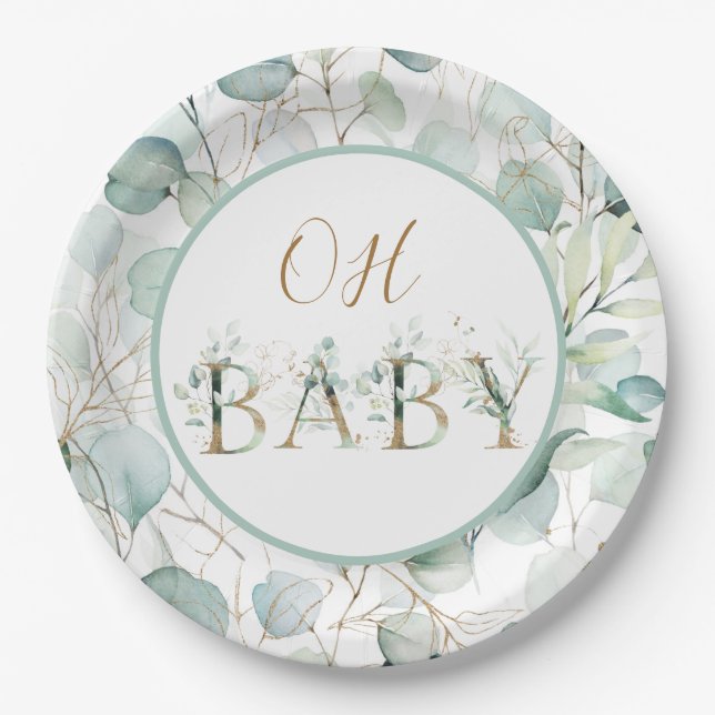 Plato De Papel Oh Baby Paper Plantas Eucalyptus Baby Shower (Anverso)