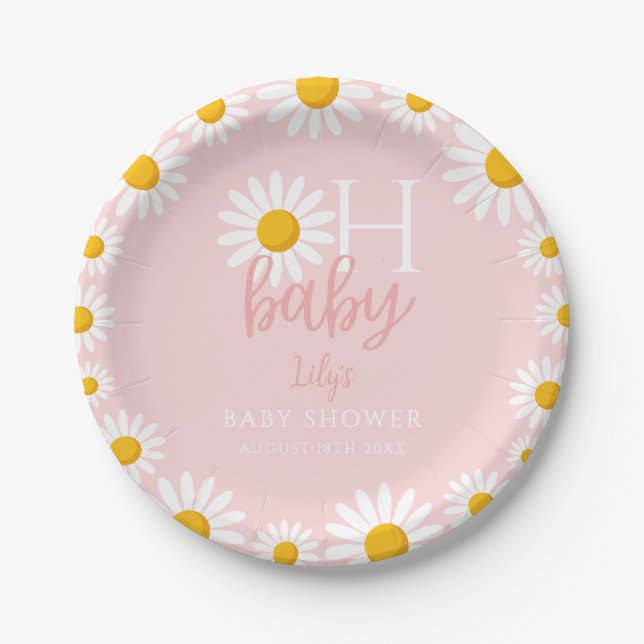 Plato De Papel Oh Baby Pink Modern Daisy Baby Shower (Anverso)