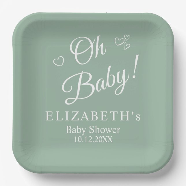 Plato De Papel "Oh Baby" Sage Green Modern Baby Shower Minimalist (Anverso)