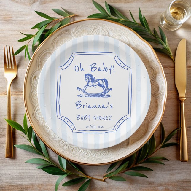 Plato De Papel Oh bebé azul mecanografía de caballo bebé ducha de (Oh baby blue rocking horse handrawn sketch vintage western baby shower personalized paper plates)