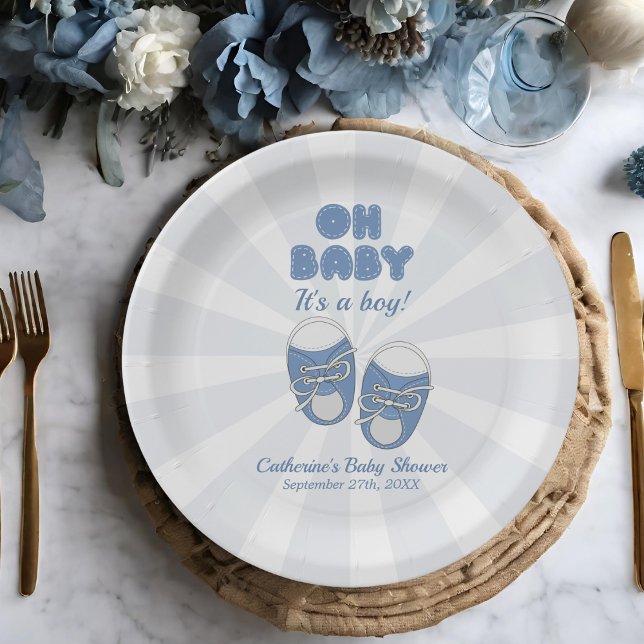Plato De Papel Oh, bebé | Baby Shoes Dusty Blue Boy Baby Shower (Subido por el creador)