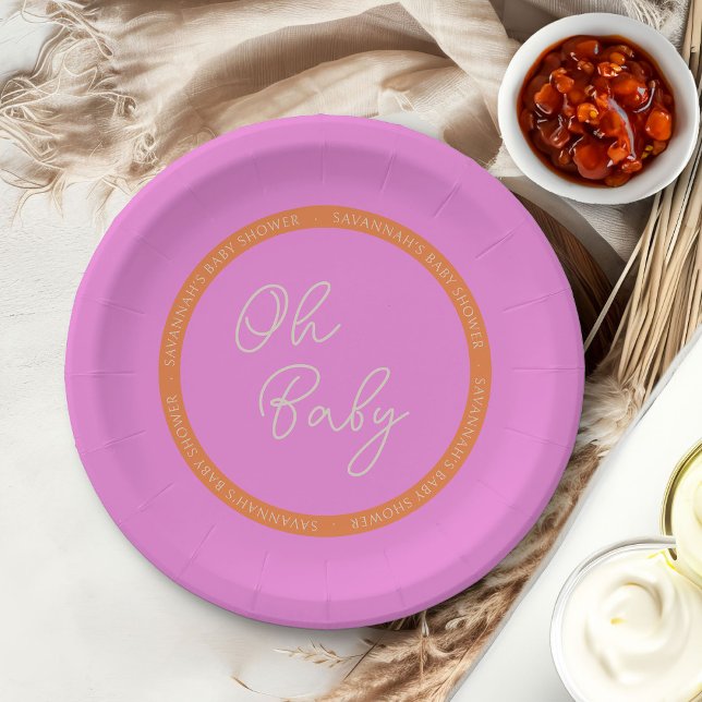 Plato De Papel Oh bebé Baby Shower rosa brillante y Naranja (Oh Baby Baby Shower personalized paper plates from my Tricolor Baby Shower Collection)