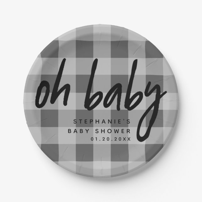 Plato De Papel Oh, bebé | Gray Gingham Baby Shower (Anverso)