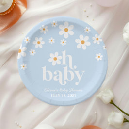 Plato De Papel ¡Oh bebé! Retro Daisy azul boho Baby Shower
