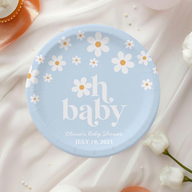 Plato De Papel ¡Oh bebé! Retro Daisy azul boho Baby Shower (Subido por el creador)