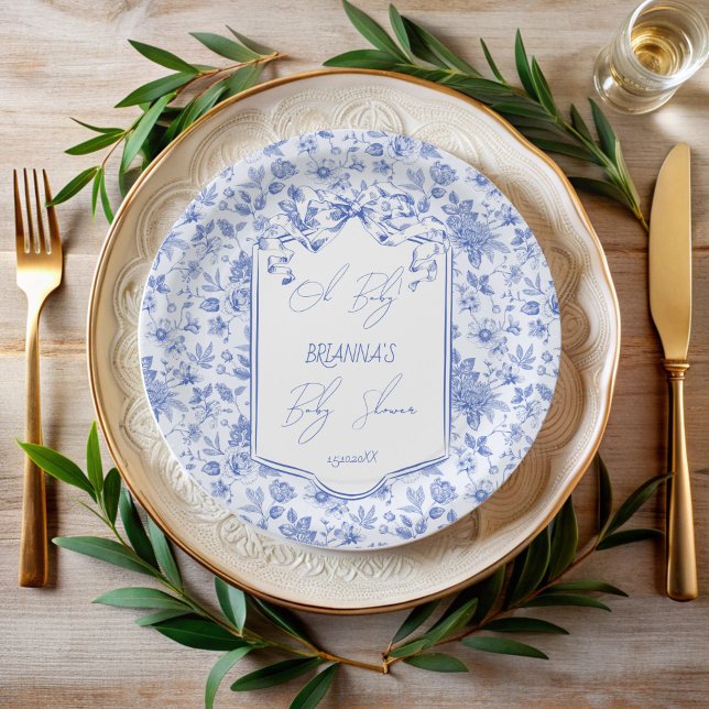 Plato De Papel Oh bebé toile azul de jouy sketch baby (Oh baby blue toile de jouy ribbon bow sketch baby shower monogrammed paper plates personalized decor)