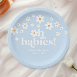 Plato De Papel ¡Oh Bebés! Retro Daisy azul boho Baby Shower