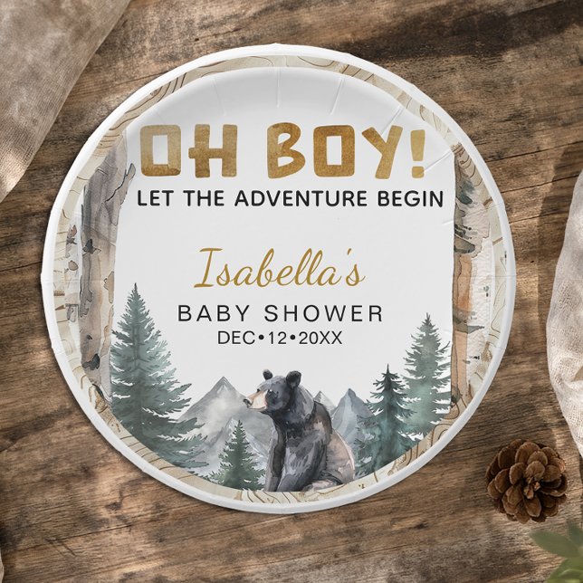 Plato De Papel Oh Boy Adventure Begin | Woodland Bear Baby Shower (Baby Shower Paper Plates)