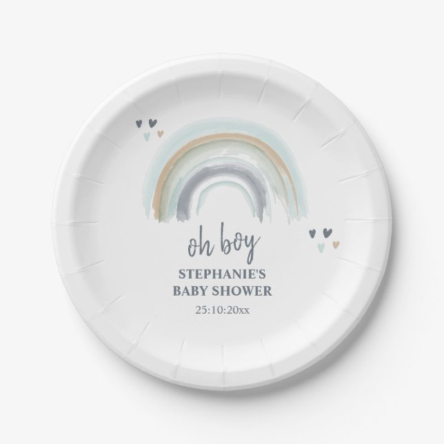 Plato De Papel Oh Boy Baby Shower Blue Boho Napkins Arcoiris (Anverso)