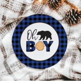 Plato De Papel Oh Boy Bear azul de cuadros de Búfalo Baby Shower