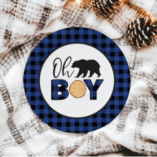 Plato De Papel Oh Boy Bear azul de cuadros de Búfalo Baby Shower