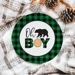 Plato De Papel Oh Boy Bear cuadros de Búfalo verde Baby Shower