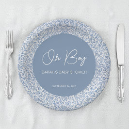 Plato De Papel Oh Boy Blue and White Floral Pattern Baby Shower