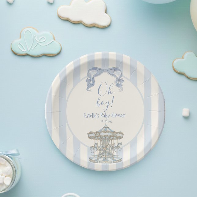 Plato De Papel Oh Boy Blue Bow Carousel French Baby Shower (Subido por el creador)