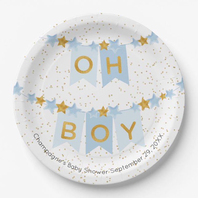 Plato De Papel Oh Boy Blue Bunting Flags Baby Shower (Anverso)