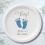 Plato De Papel Oh Boy Blue Feet Baby Shower<br><div class="desc">Esta placa de papel de Baby Shower de un niño adorable está decorada con pies de bebé azul purpurina y las palabras ¡Oh,  muchacho! Personalizable fácil.</div>