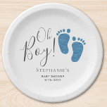 Plato De Papel Oh Boy Blue Feet Baby Shower<br><div class="desc">Esta placa de papel de Baby Shower de un niño adorable está decorada con pies de bebé azul purpurina y las palabras ¡Oh,  muchacho! Personalizable fácil.</div>