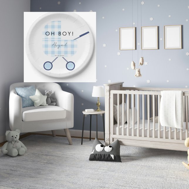 Plato De Papel Oh Boy Blue Gingham Pram Baby Shower (Subido por el creador)