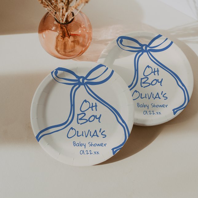 Plato De Papel Oh Boy Blue Hand Written Bow Baby Shower (Subido por el creador)