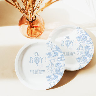 Plato De Papel Oh Boy Blue Toile Safari Animal Baby Shower