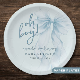 Plato De Papel Oh Boy Blue Watercolor Bow Baby Shower
