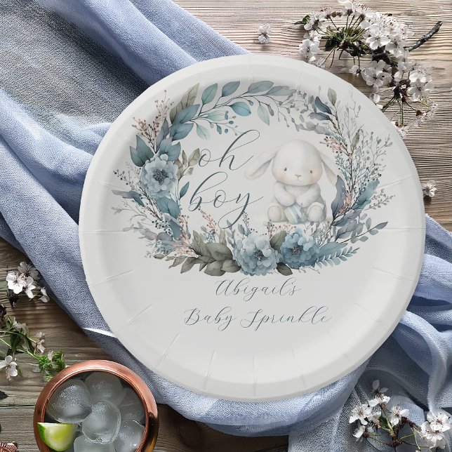 Plato De Papel Oh Boy Bunny Rabbit Blue Floral Baby Sprinkle (Bunny Rabbit and Blue Floral Wreath Boy Baby Sprinkle Thank You Flat Card  "Oh Boy" Bunny Collection)