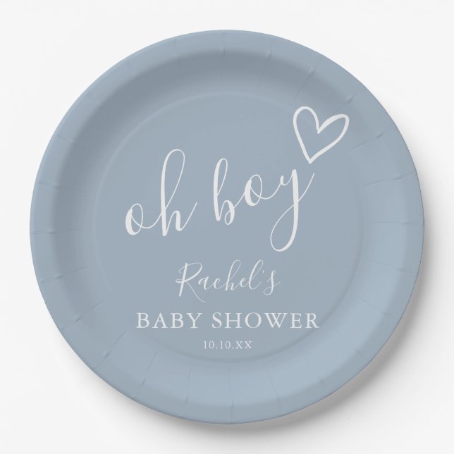 Plato De Papel Oh Boy Cute Heart Dusty Blue Baby Shower (Anverso)