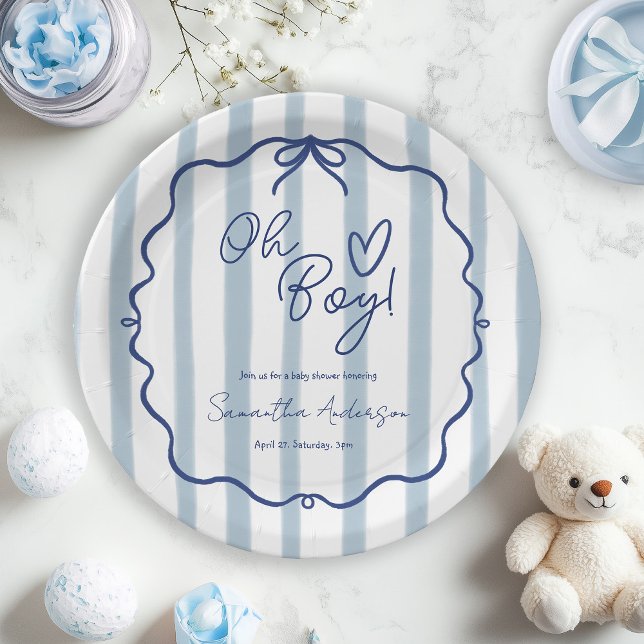 Plato De Papel Oh Boy Cute Moderno Dusty Blue Baby Shower (Subido por el creador)