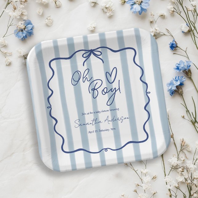 Plato De Papel Oh Boy Cute Whimsical Blue Stripes Baby Shower (Subido por el creador)