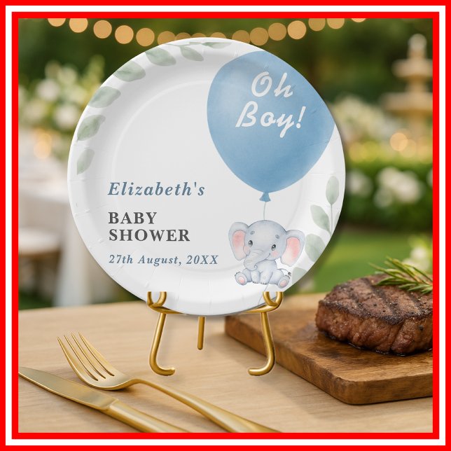 Plato De Papel Oh Boy Elephant Balloon Eucalyptus Baby Shower (Subido por el creador)