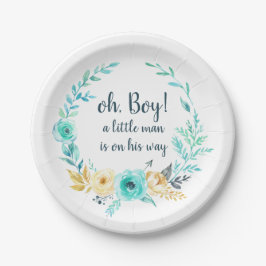Plato De Papel Oh Boy Little Man Baby Shower Blue Gray Gold Arrow