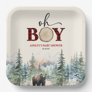 Plato De Papel Oh Boy Lumberjack Woodland Forest Bear Baby Shower