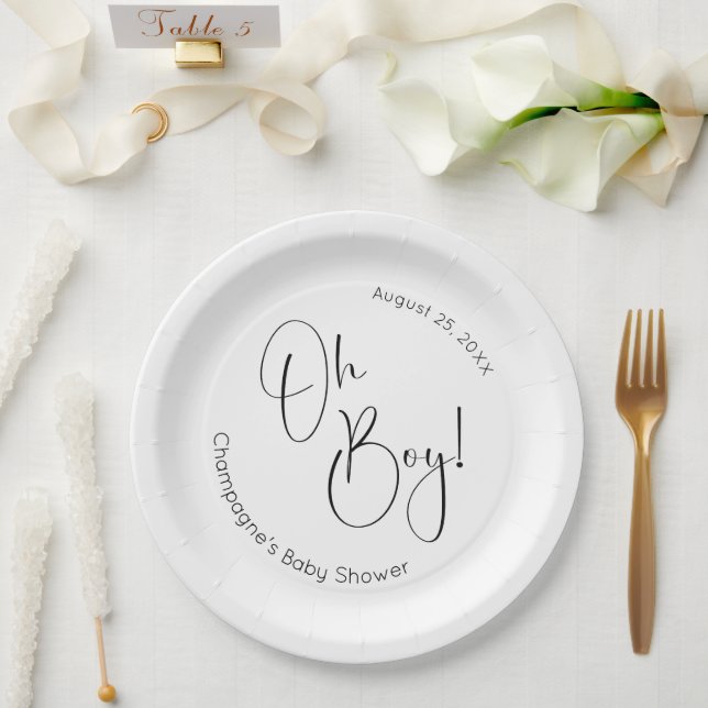 Plato De Papel Oh Boy Modern Script Baby Shower (Boda)