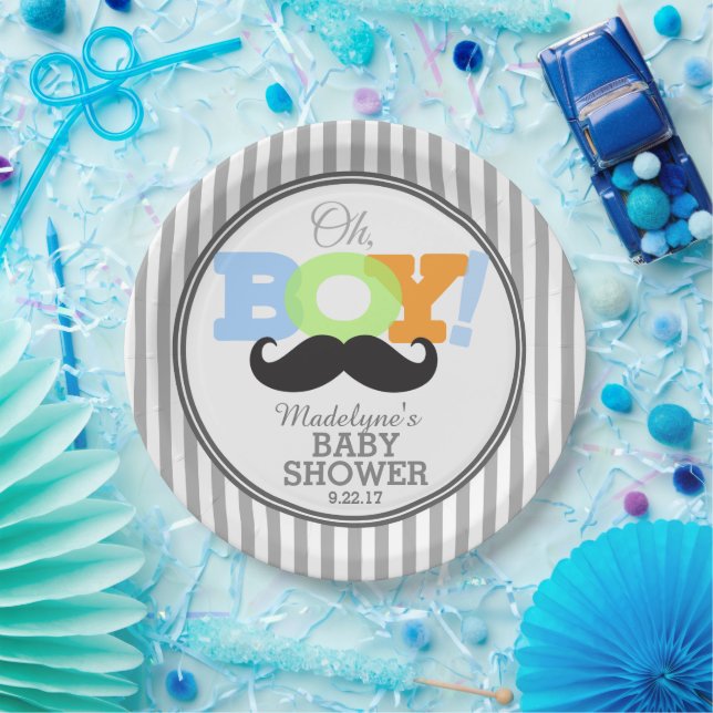 Plato De Papel Oh Boy Mustache Baby Shower (Fiesta)