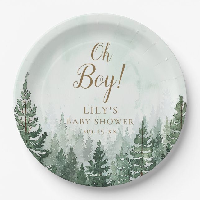 Plato De Papel Oh Boy Rustic Pine Tree Forest Baby Shower (Anverso)